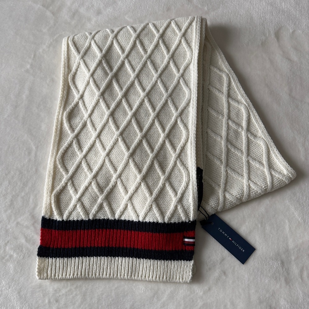 Tommy Hilfiger Ivory Knit Scarf with Red and Navy Stripes - Picture 2 of 5